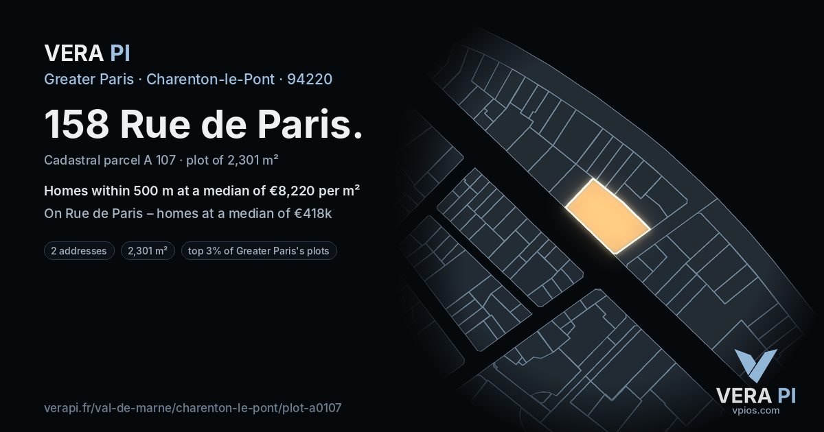 158 Rue de Paris, Charenton-le-Pont at night – the plot lit, the parcels around coloured by the prices near them