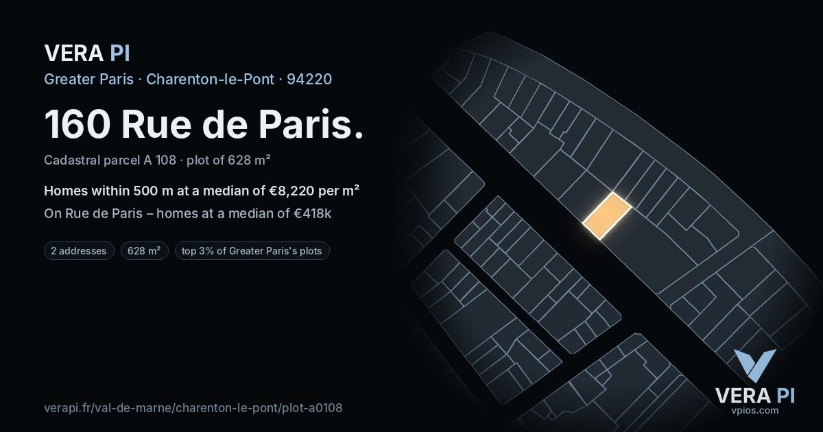 160 Rue de Paris, Charenton-le-Pont at night – the plot lit, the parcels around coloured by the prices near them
