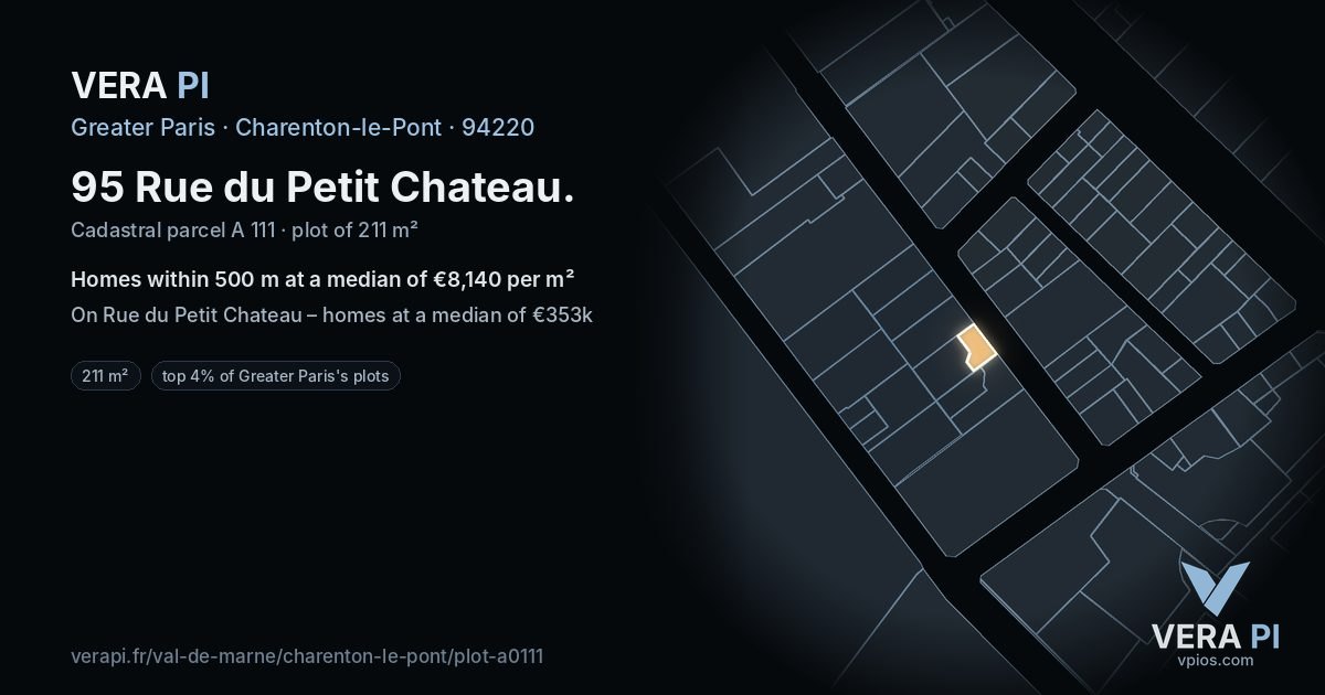 95 Rue du Petit Chateau, Charenton-le-Pont at night – the plot lit, the parcels around coloured by the prices near them