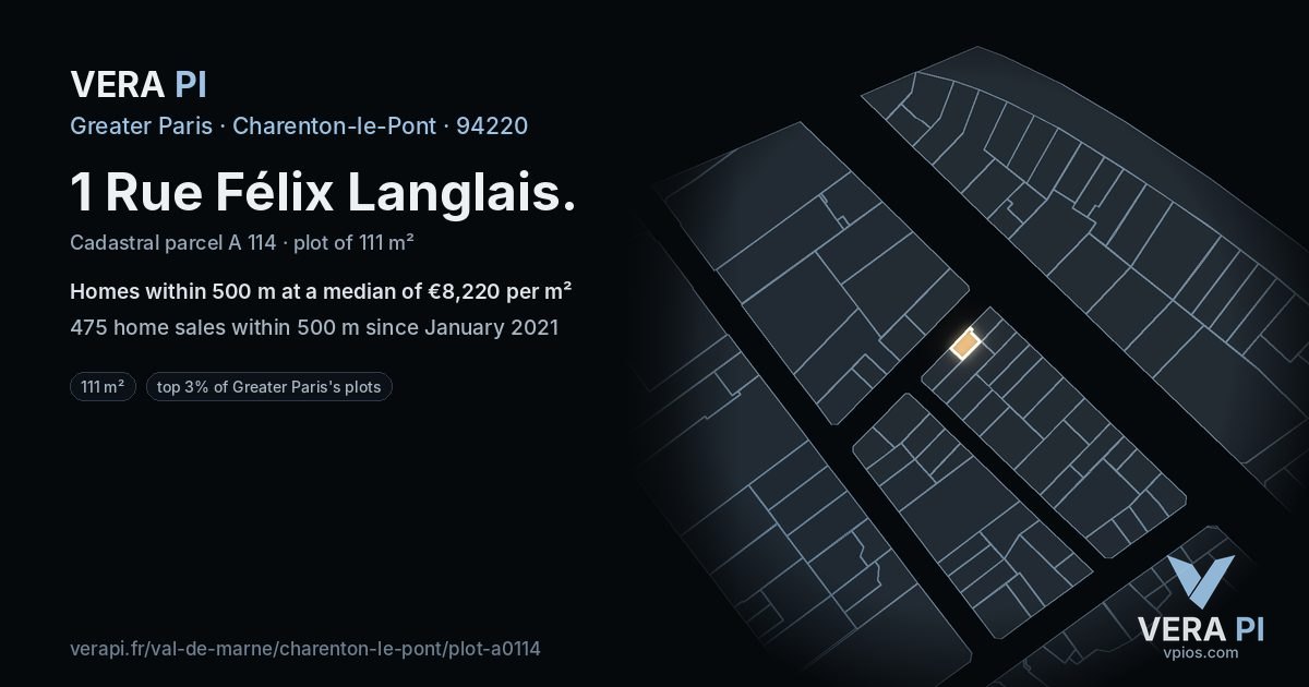 1 Rue Félix Langlais, Charenton-le-Pont at night – the plot lit, the parcels around coloured by the prices near them