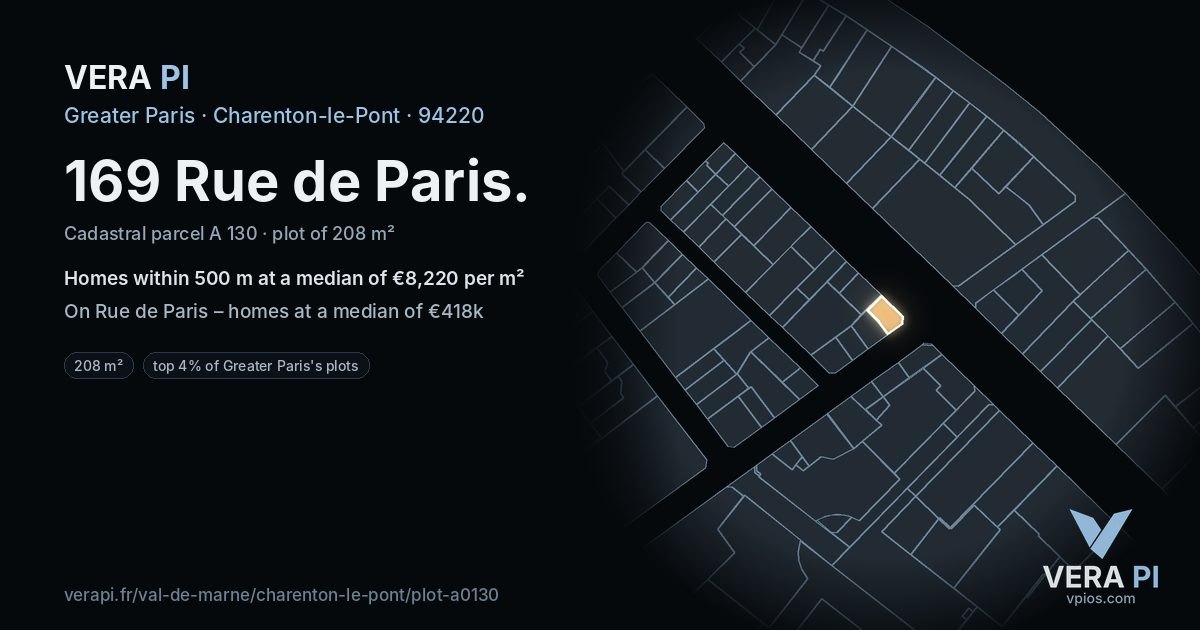 169 Rue de Paris, Charenton-le-Pont at night – the plot lit, the parcels around coloured by the prices near them