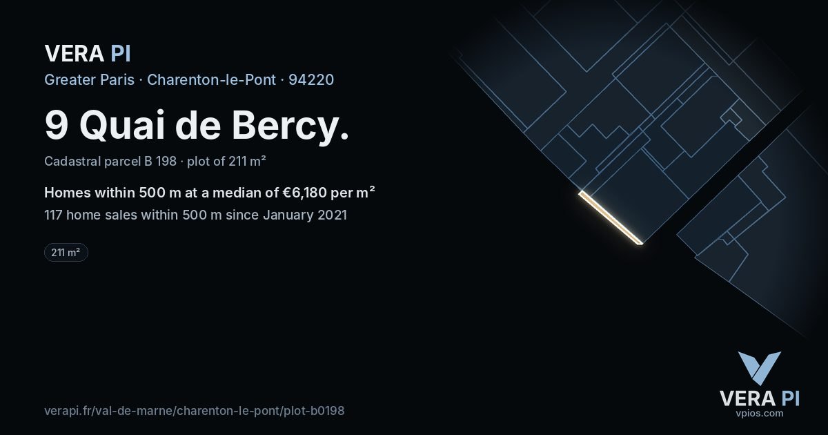 9 Quai de Bercy, Charenton-le-Pont at night – the plot lit, the parcels around coloured by the prices near them