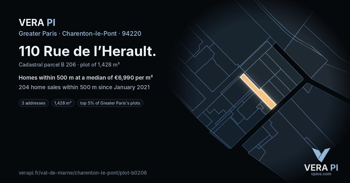 110 Rue de l’Herault, Charenton-le-Pont at night – the plot lit, the parcels around coloured by the prices near them