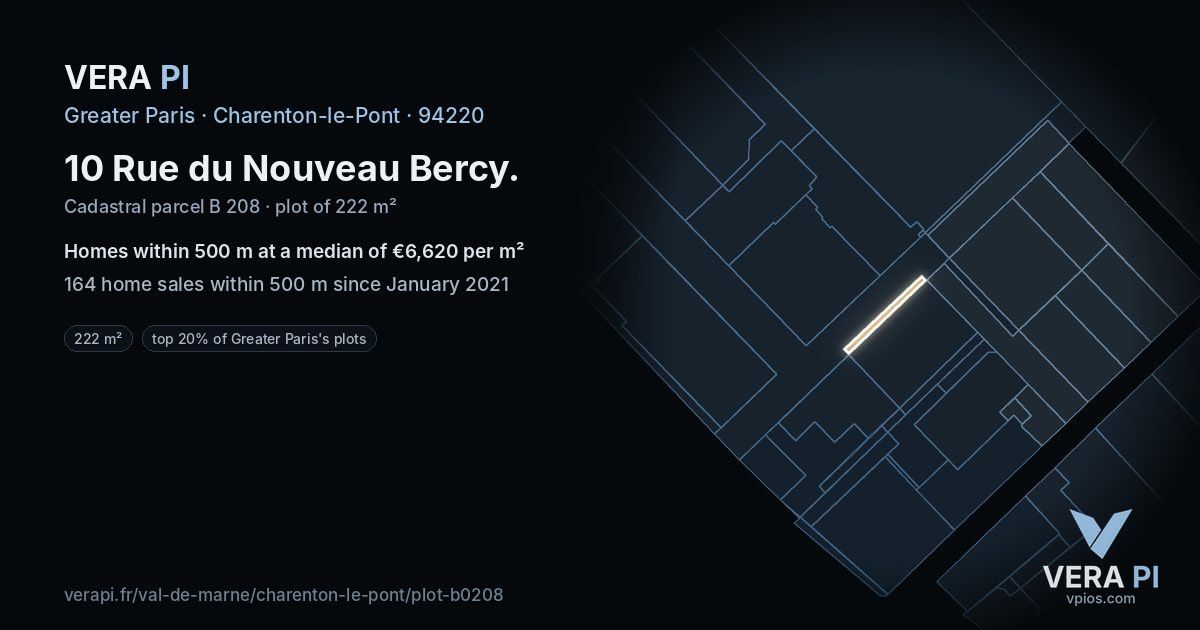10 Rue du Nouveau Bercy, Charenton-le-Pont at night – the plot lit, the parcels around coloured by the prices near them