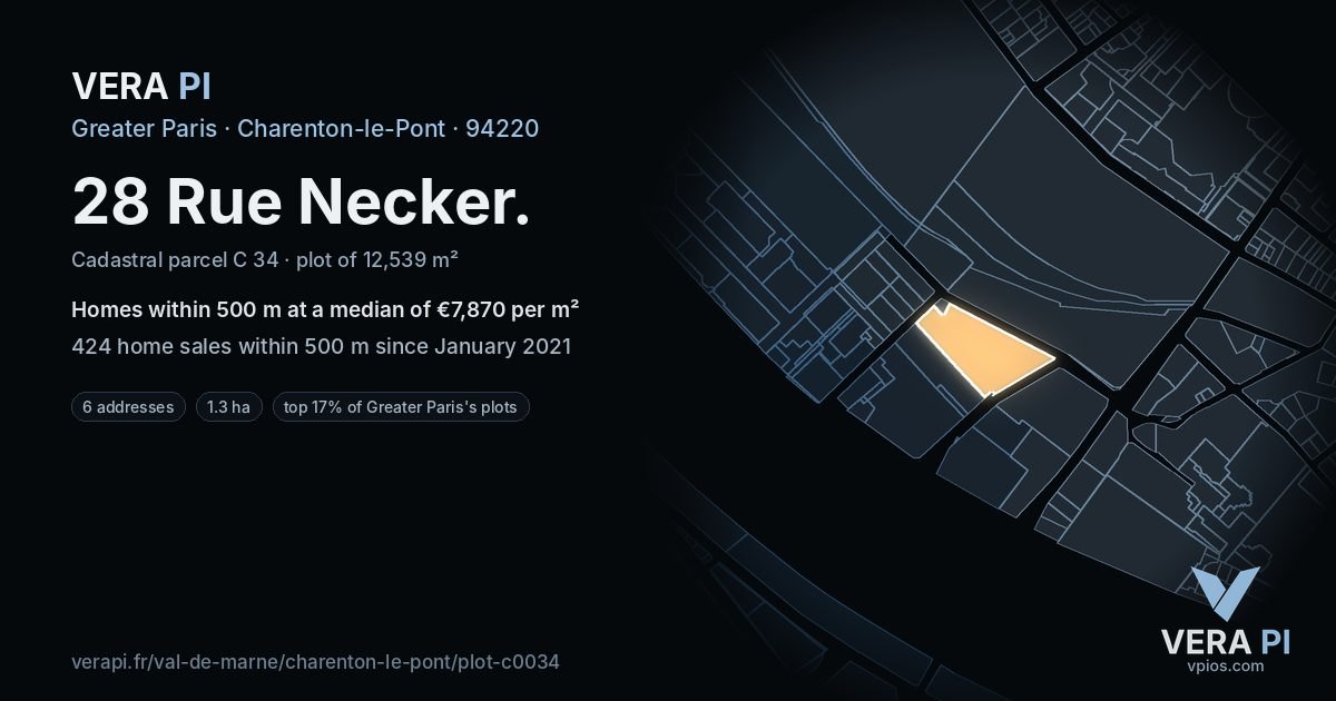 28 Rue Necker, Charenton-le-Pont at night – the plot lit, the parcels around coloured by the prices near them