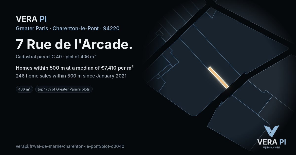 7 Rue de l'Arcade, Charenton-le-Pont at night – the plot lit, the parcels around coloured by the prices near them