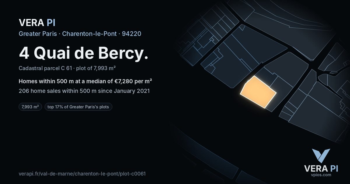 4 Quai de Bercy, Charenton-le-Pont at night – the plot lit, the parcels around coloured by the prices near them