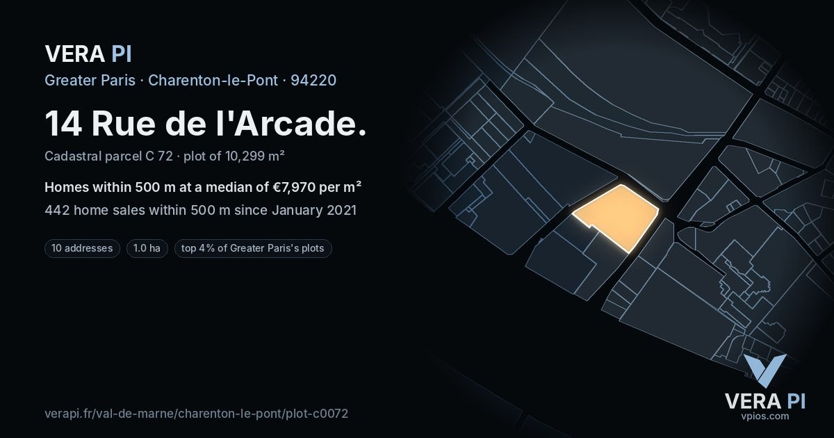 14 Rue de l'Arcade, Charenton-le-Pont at night – the plot lit, the parcels around coloured by the prices near them