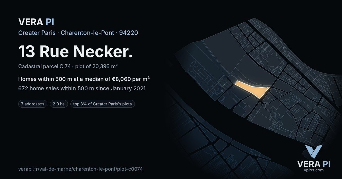 13 Rue Necker, Charenton-le-Pont at night – the plot lit, the parcels around coloured by the prices near them