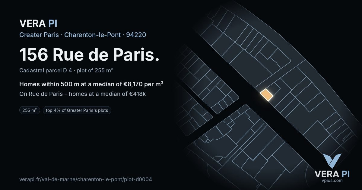 156 Rue de Paris, Charenton-le-Pont at night – the plot lit, the parcels around coloured by the prices near them