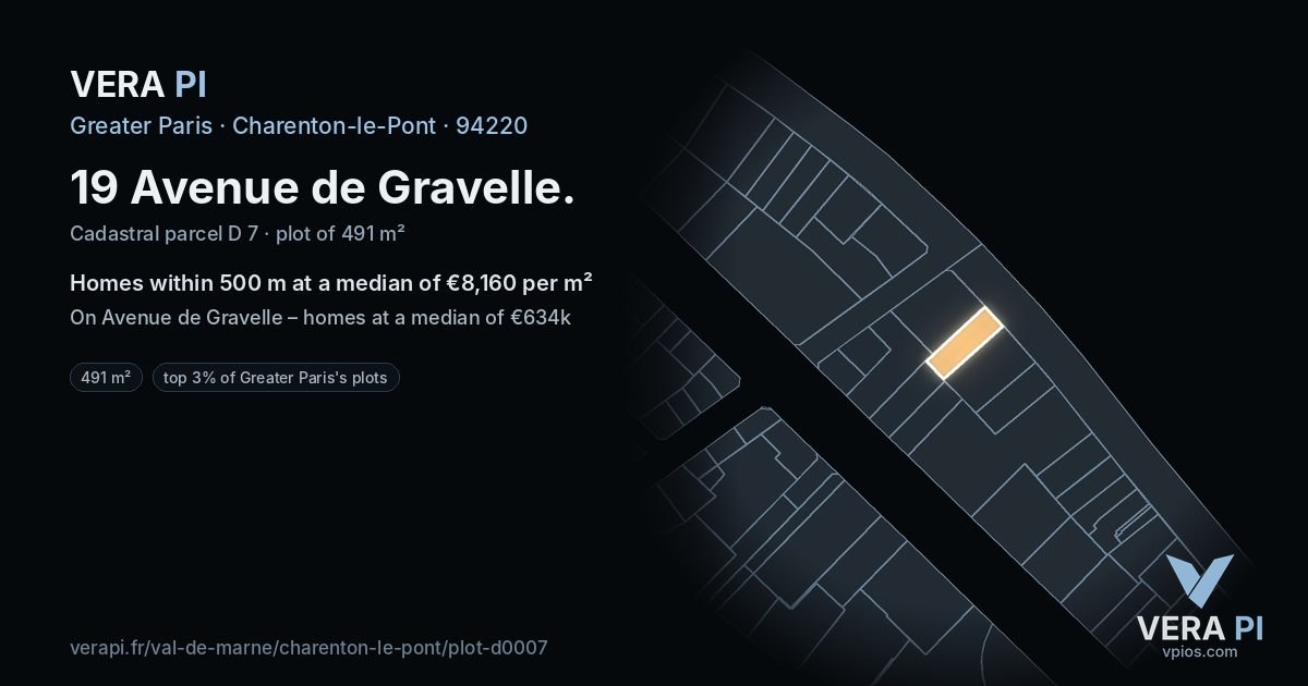19 Avenue de Gravelle, Charenton-le-Pont at night – the plot lit, the parcels around coloured by the prices near them