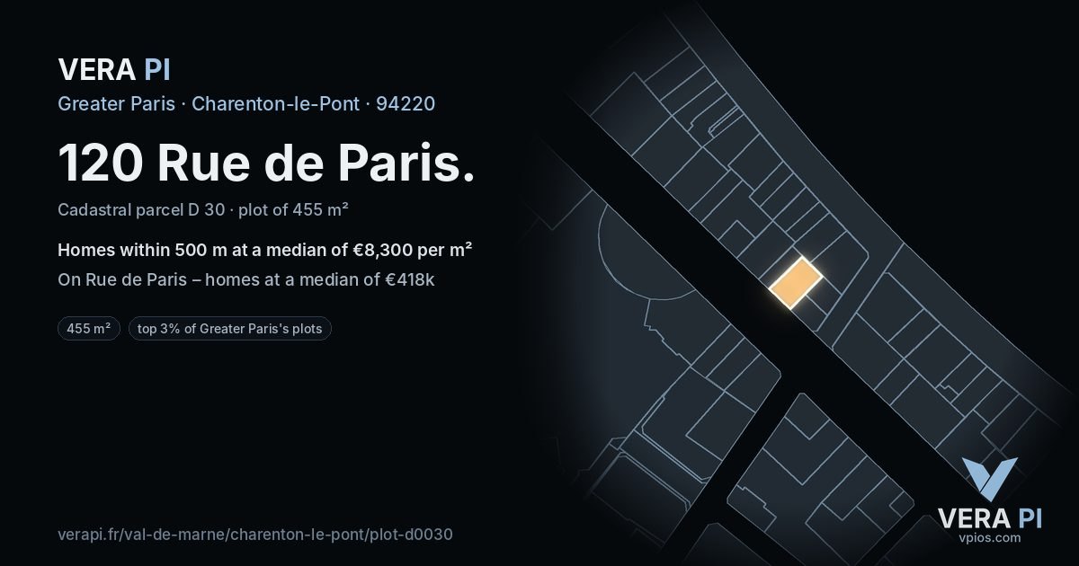 120 Rue de Paris, Charenton-le-Pont at night – the plot lit, the parcels around coloured by the prices near them