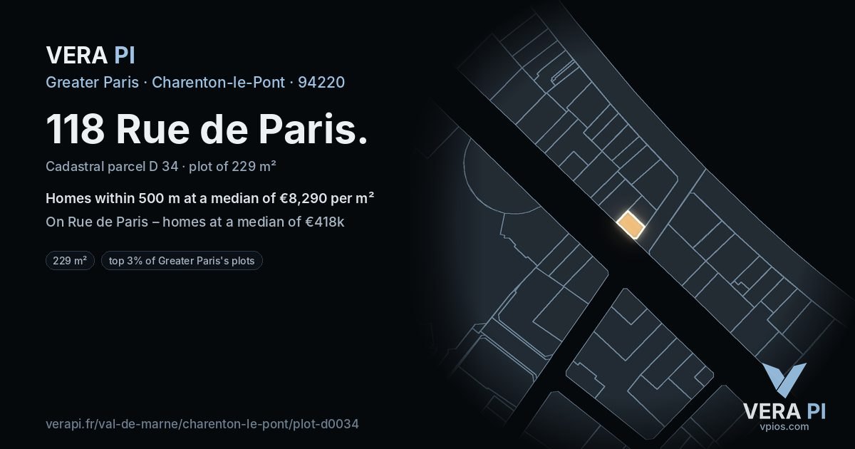 118 Rue de Paris, Charenton-le-Pont at night – the plot lit, the parcels around coloured by the prices near them