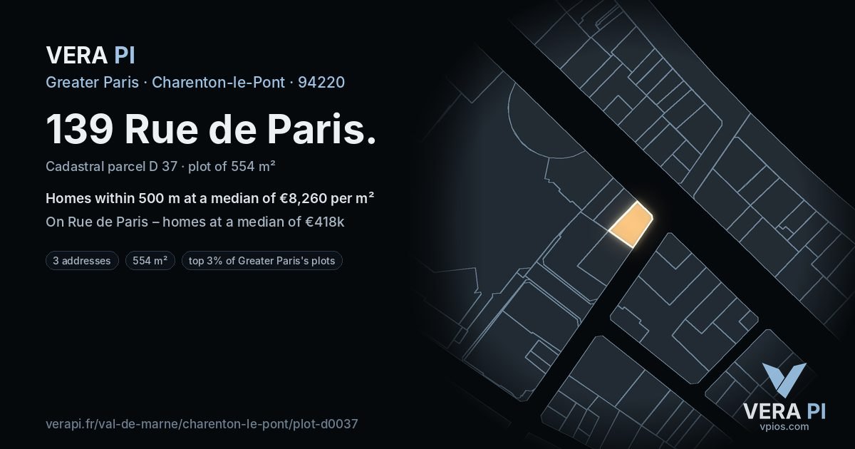 139 Rue de Paris, Charenton-le-Pont at night – the plot lit, the parcels around coloured by the prices near them