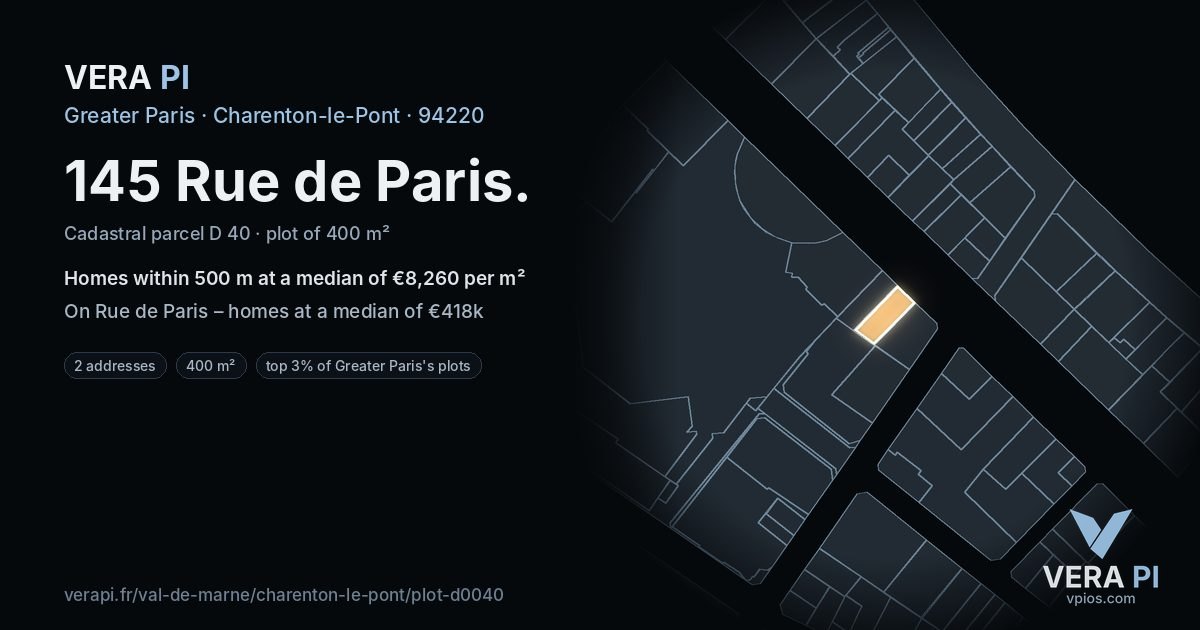 145 Rue de Paris, Charenton-le-Pont at night – the plot lit, the parcels around coloured by the prices near them
