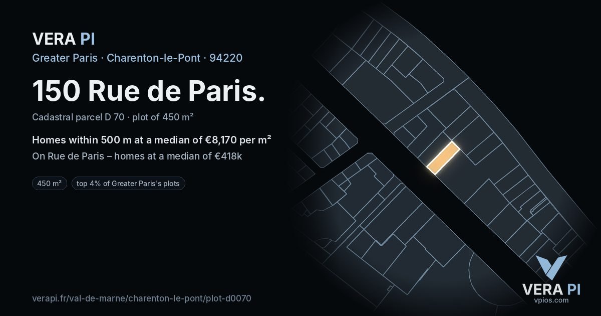 150 Rue de Paris, Charenton-le-Pont at night – the plot lit, the parcels around coloured by the prices near them
