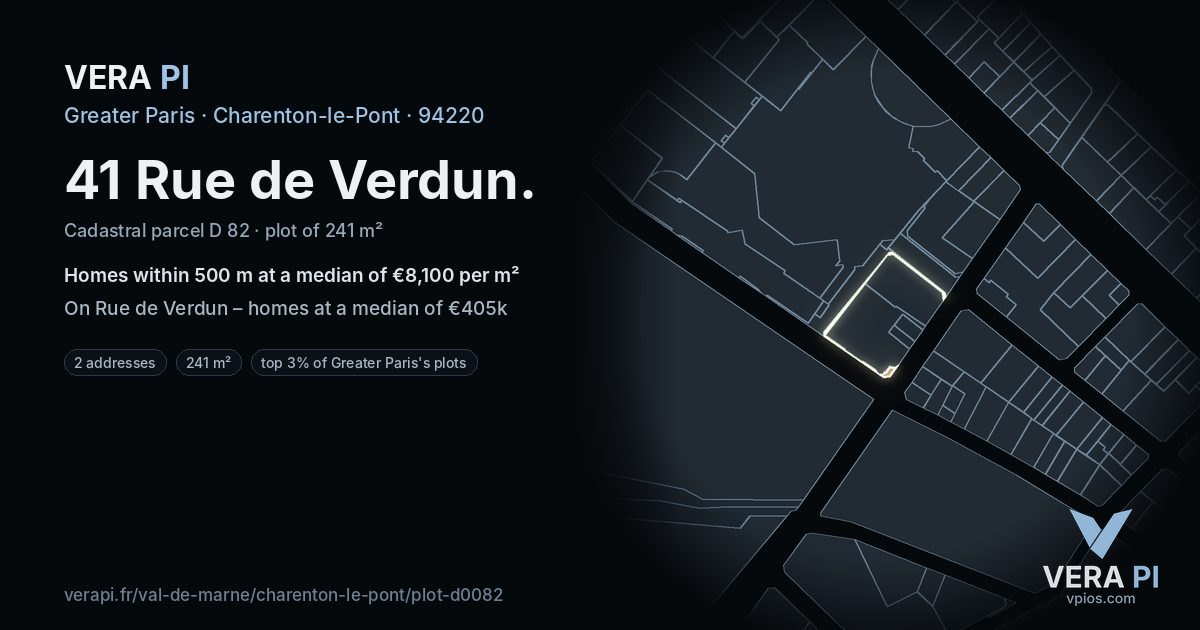 41 Rue de Verdun, Charenton-le-Pont at night – the plot lit, the parcels around coloured by the prices near them