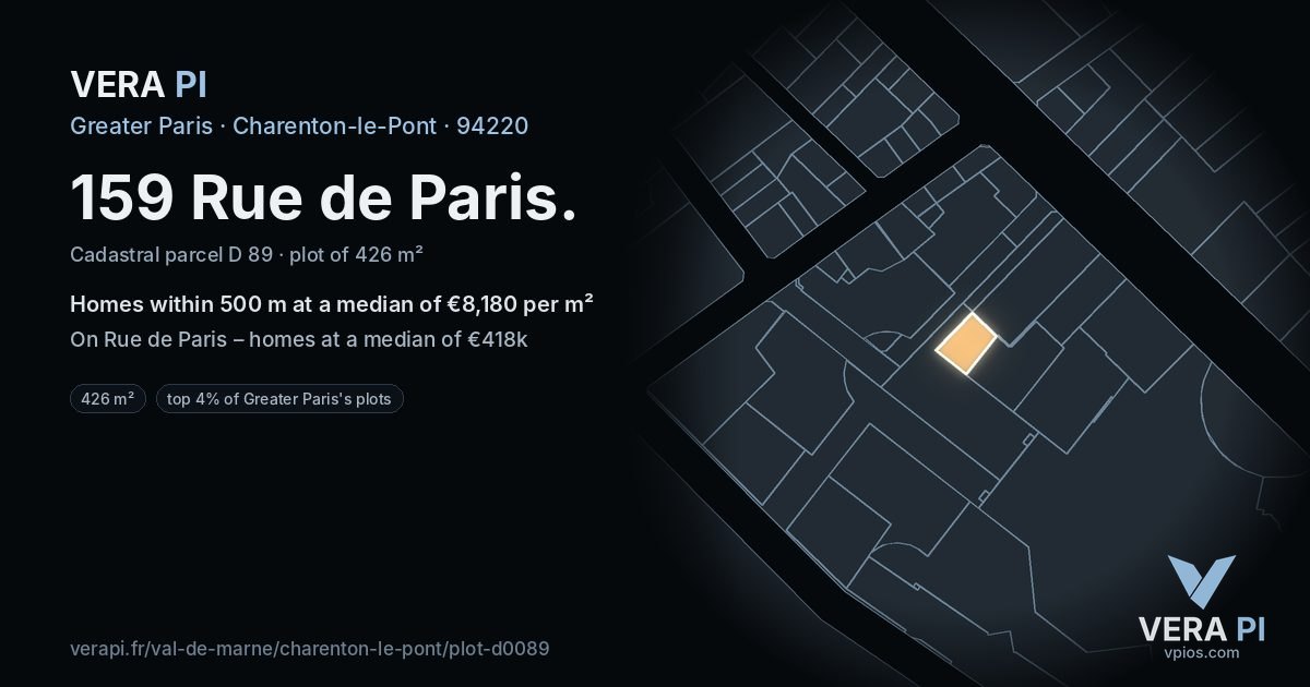 159 Rue de Paris, Charenton-le-Pont at night – the plot lit, the parcels around coloured by the prices near them
