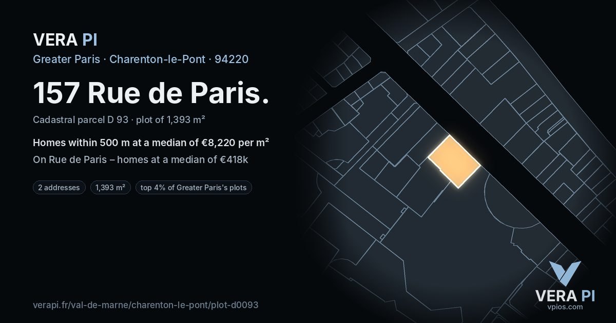 157 Rue de Paris, Charenton-le-Pont at night – the plot lit, the parcels around coloured by the prices near them