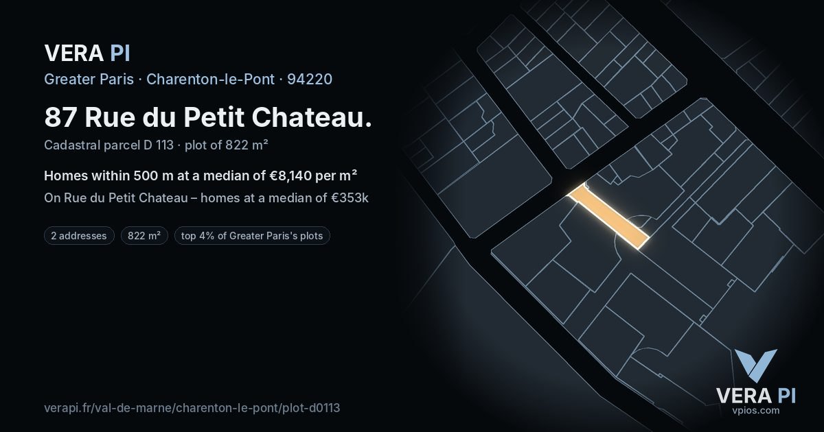 87 Rue du Petit Chateau, Charenton-le-Pont at night – the plot lit, the parcels around coloured by the prices near them