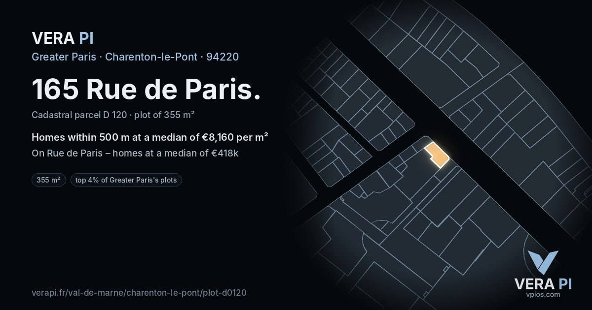 165 Rue de Paris, Charenton-le-Pont at night – the plot lit, the parcels around coloured by the prices near them