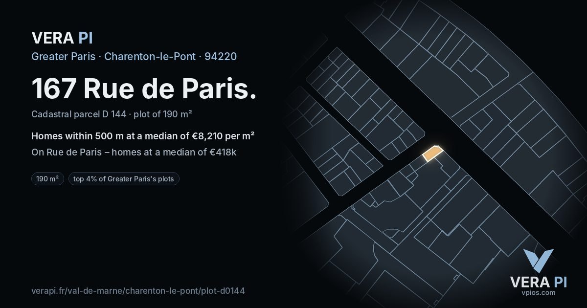 167 Rue de Paris, Charenton-le-Pont at night – the plot lit, the parcels around coloured by the prices near them