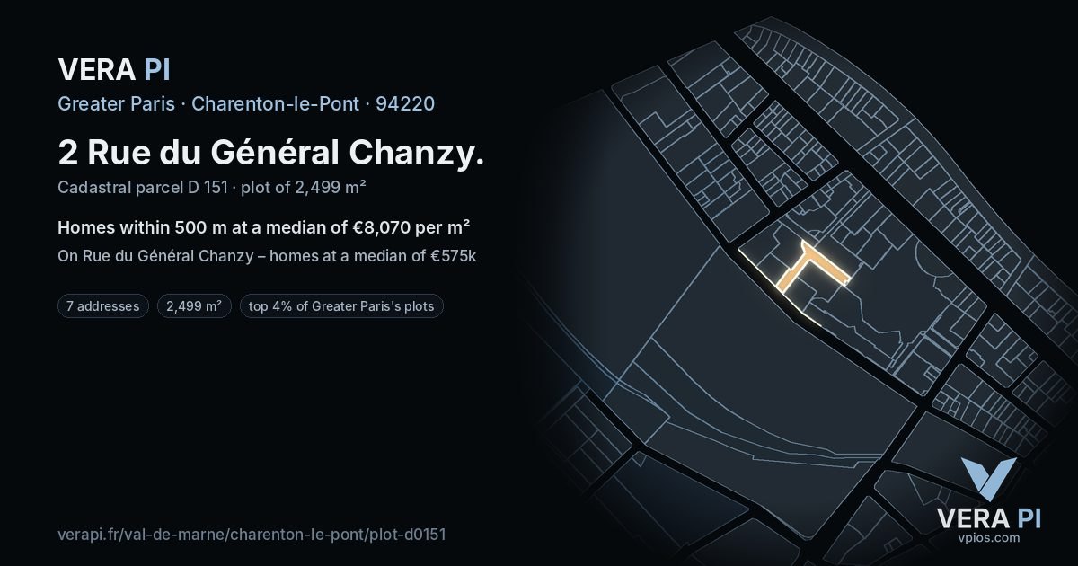 2 Rue du Général Chanzy, Charenton-le-Pont at night – the plot lit, the parcels around coloured by the prices near them