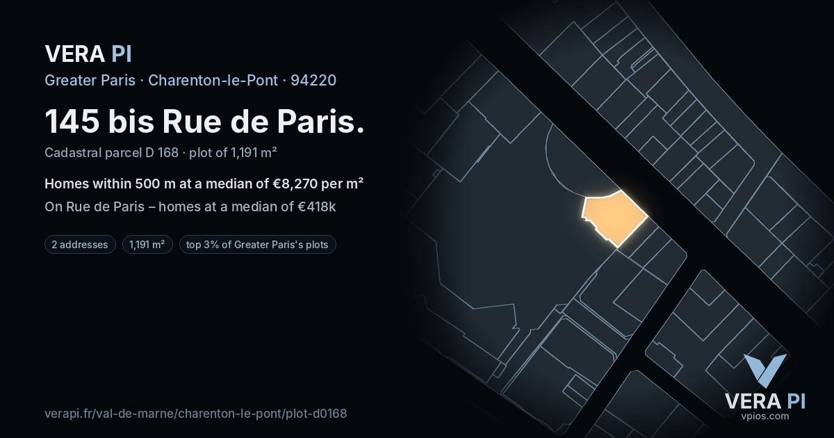 145 bis Rue de Paris, Charenton-le-Pont at night – the plot lit, the parcels around coloured by the prices near them