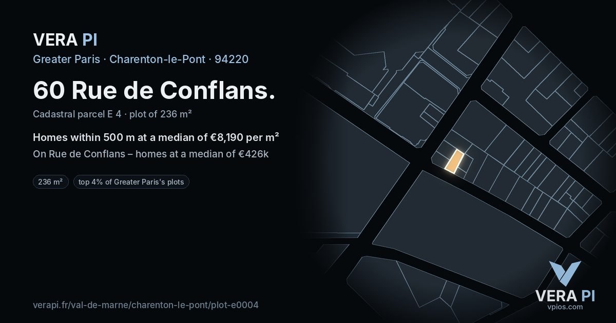 60 Rue de Conflans, Charenton-le-Pont at night – the plot lit, the parcels around coloured by the prices near them