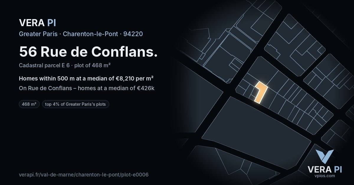 56 Rue de Conflans, Charenton-le-Pont at night – the plot lit, the parcels around coloured by the prices near them