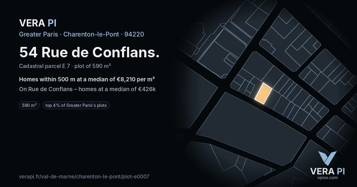 54 Rue de Conflans, Charenton-le-Pont at night – the plot lit, the parcels around coloured by the prices near them