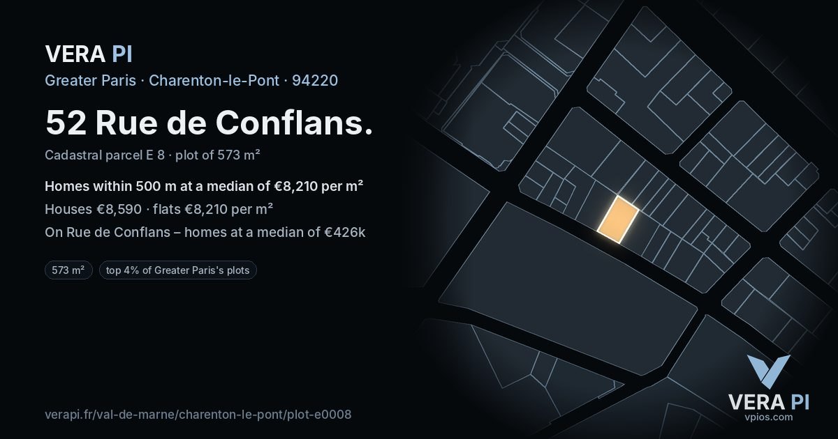52 Rue de Conflans, Charenton-le-Pont at night – the plot lit, the parcels around coloured by the prices near them