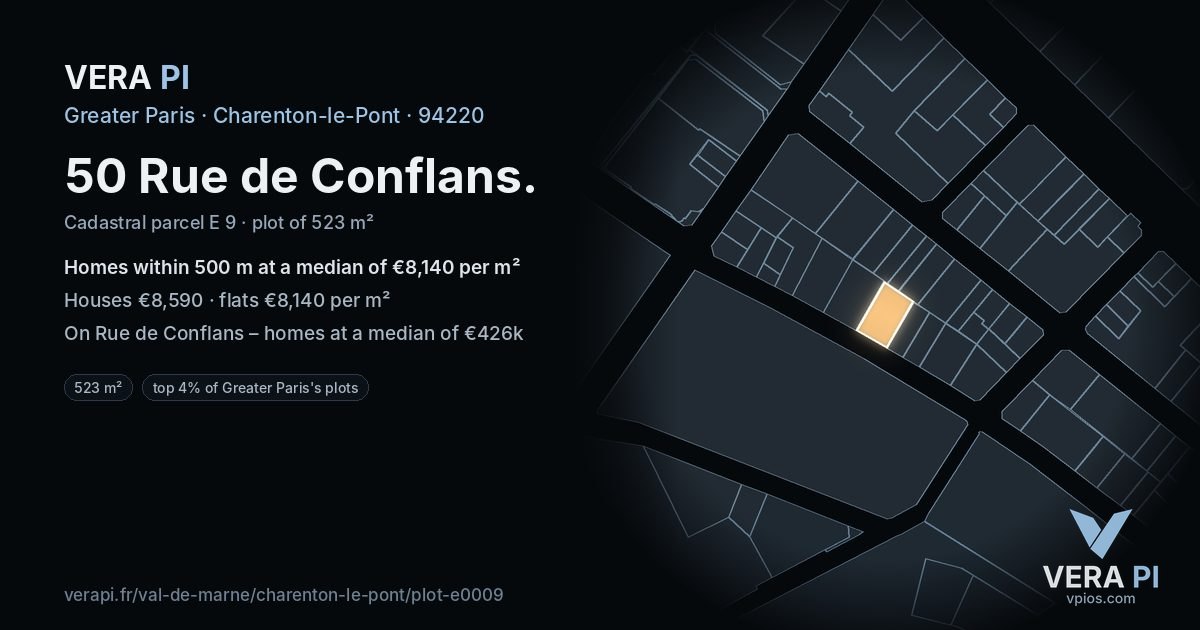 50 Rue de Conflans, Charenton-le-Pont at night – the plot lit, the parcels around coloured by the prices near them