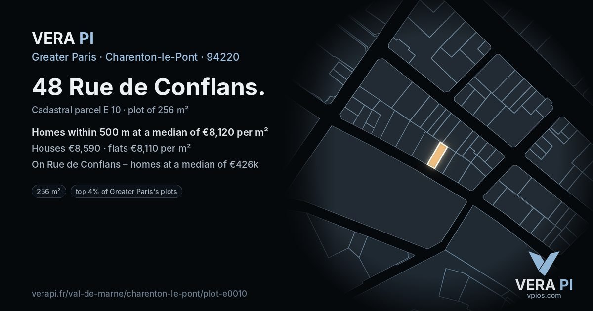 48 Rue de Conflans, Charenton-le-Pont at night – the plot lit, the parcels around coloured by the prices near them
