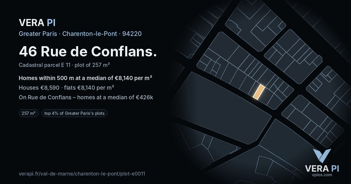 46 Rue de Conflans, Charenton-le-Pont at night – the plot lit, the parcels around coloured by the prices near them