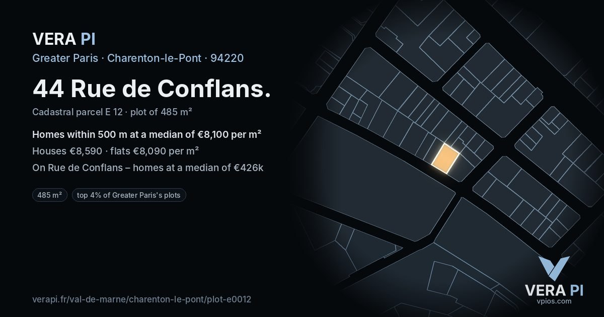 44 Rue de Conflans, Charenton-le-Pont at night – the plot lit, the parcels around coloured by the prices near them
