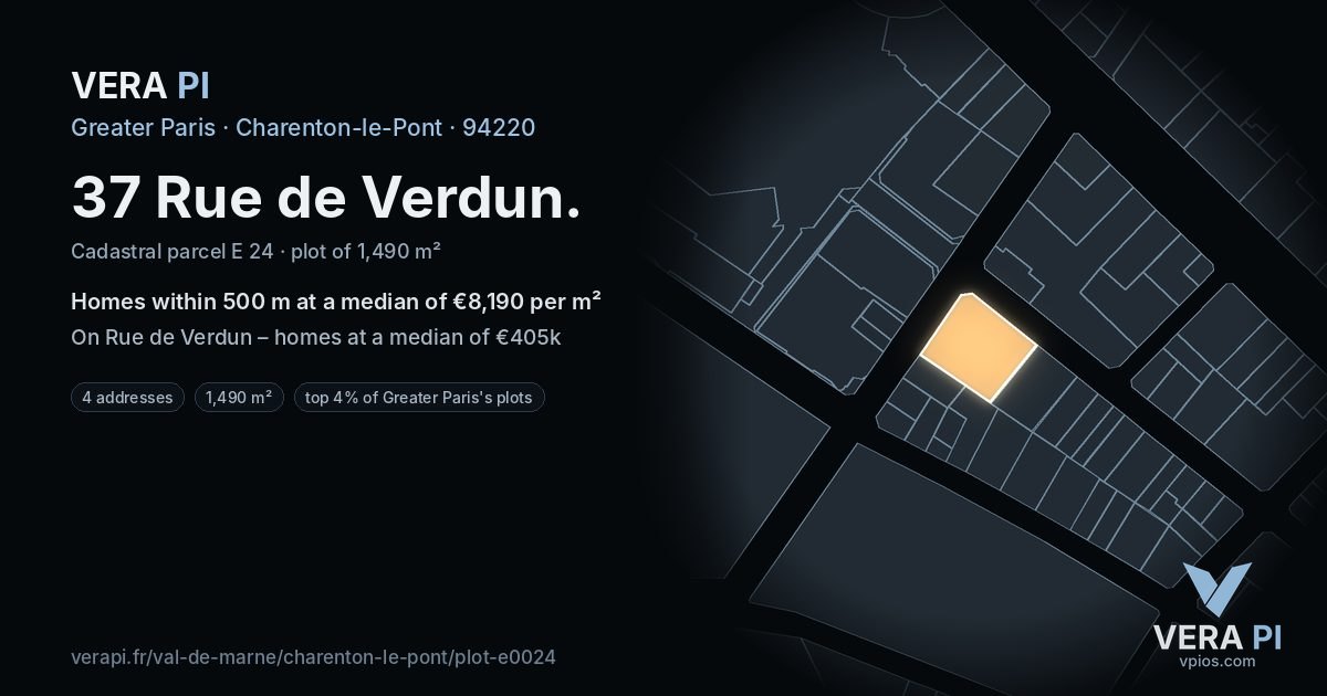 37 Rue de Verdun, Charenton-le-Pont at night – the plot lit, the parcels around coloured by the prices near them
