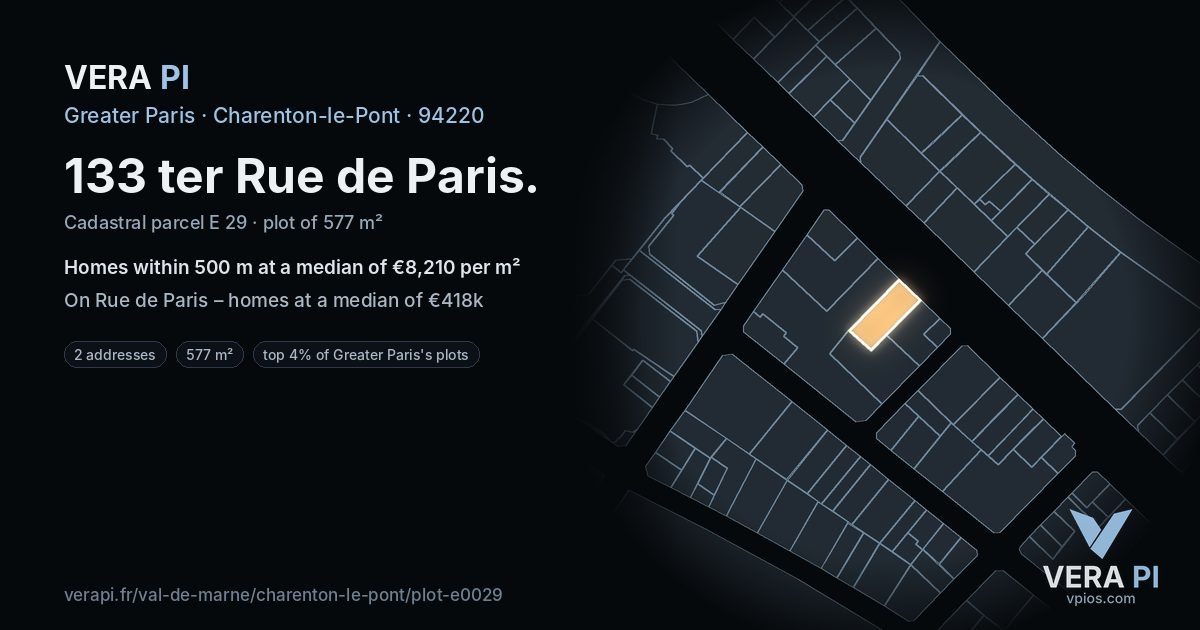133 ter Rue de Paris, Charenton-le-Pont at night – the plot lit, the parcels around coloured by the prices near them