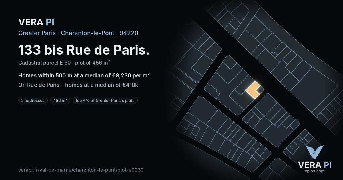 133 bis Rue de Paris, Charenton-le-Pont at night – the plot lit, the parcels around coloured by the prices near them