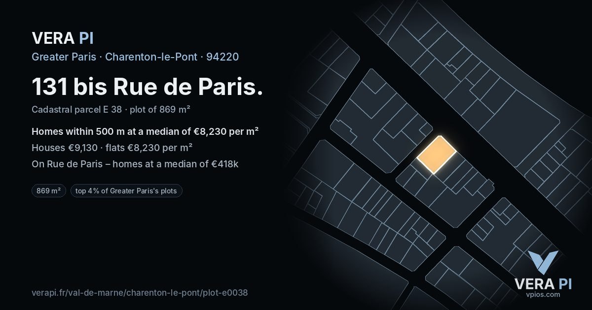 131 bis Rue de Paris, Charenton-le-Pont at night – the plot lit, the parcels around coloured by the prices near them