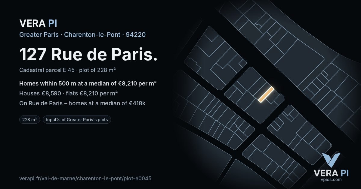 127 Rue de Paris, Charenton-le-Pont at night – the plot lit, the parcels around coloured by the prices near them