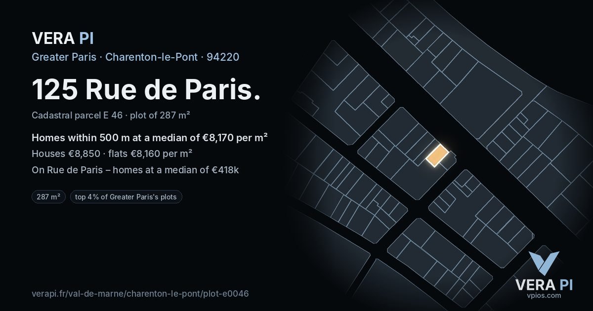 125 Rue de Paris, Charenton-le-Pont at night – the plot lit, the parcels around coloured by the prices near them