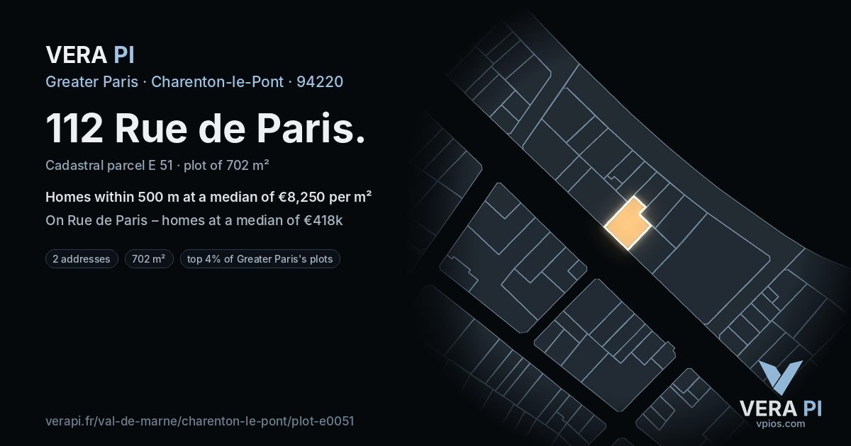 112 Rue de Paris, Charenton-le-Pont at night – the plot lit, the parcels around coloured by the prices near them