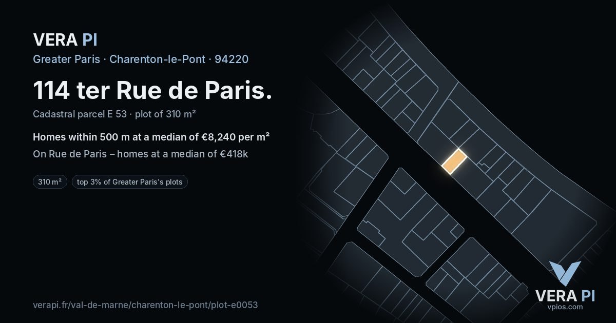 114 ter Rue de Paris, Charenton-le-Pont at night – the plot lit, the parcels around coloured by the prices near them