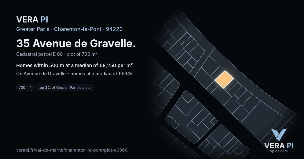 35 Avenue de Gravelle, Charenton-le-Pont at night – the plot lit, the parcels around coloured by the prices near them