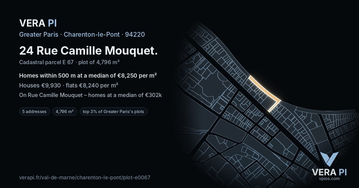 24 Rue Camille Mouquet, Charenton-le-Pont at night – the plot lit, the parcels around coloured by the prices near them