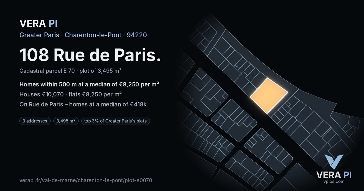 108 Rue de Paris, Charenton-le-Pont at night – the plot lit, the parcels around coloured by the prices near them