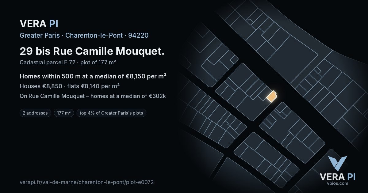 29 bis Rue Camille Mouquet, Charenton-le-Pont at night – the plot lit, the parcels around coloured by the prices near them