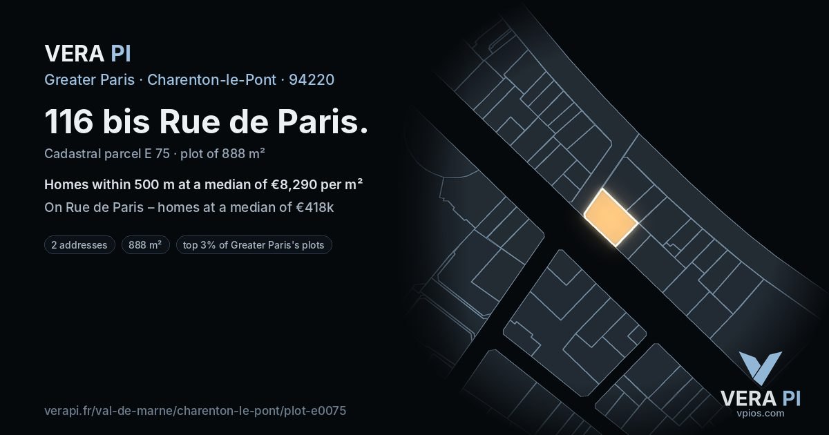 116 bis Rue de Paris, Charenton-le-Pont at night – the plot lit, the parcels around coloured by the prices near them