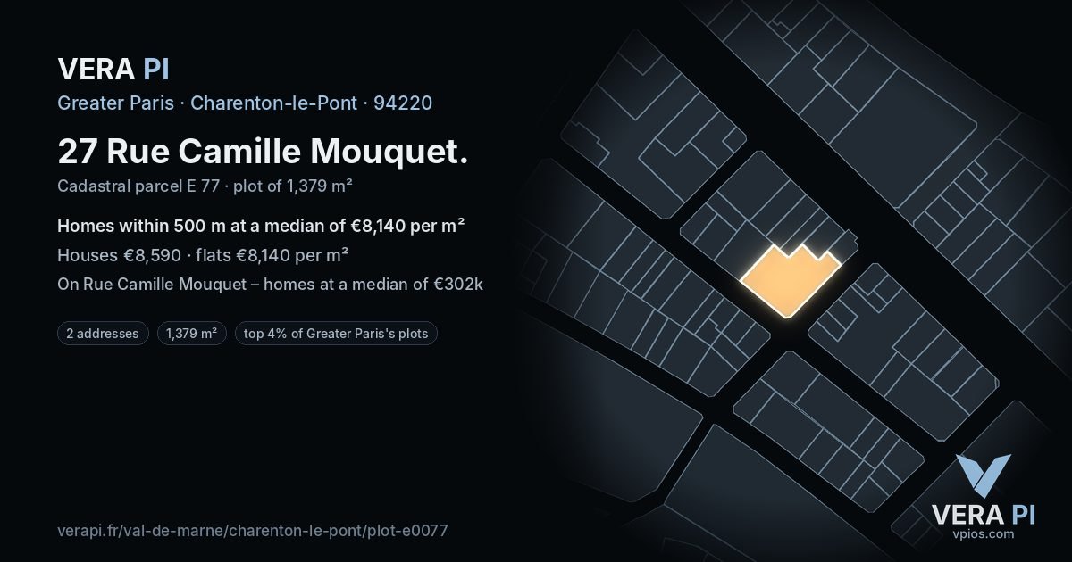27 Rue Camille Mouquet, Charenton-le-Pont at night – the plot lit, the parcels around coloured by the prices near them